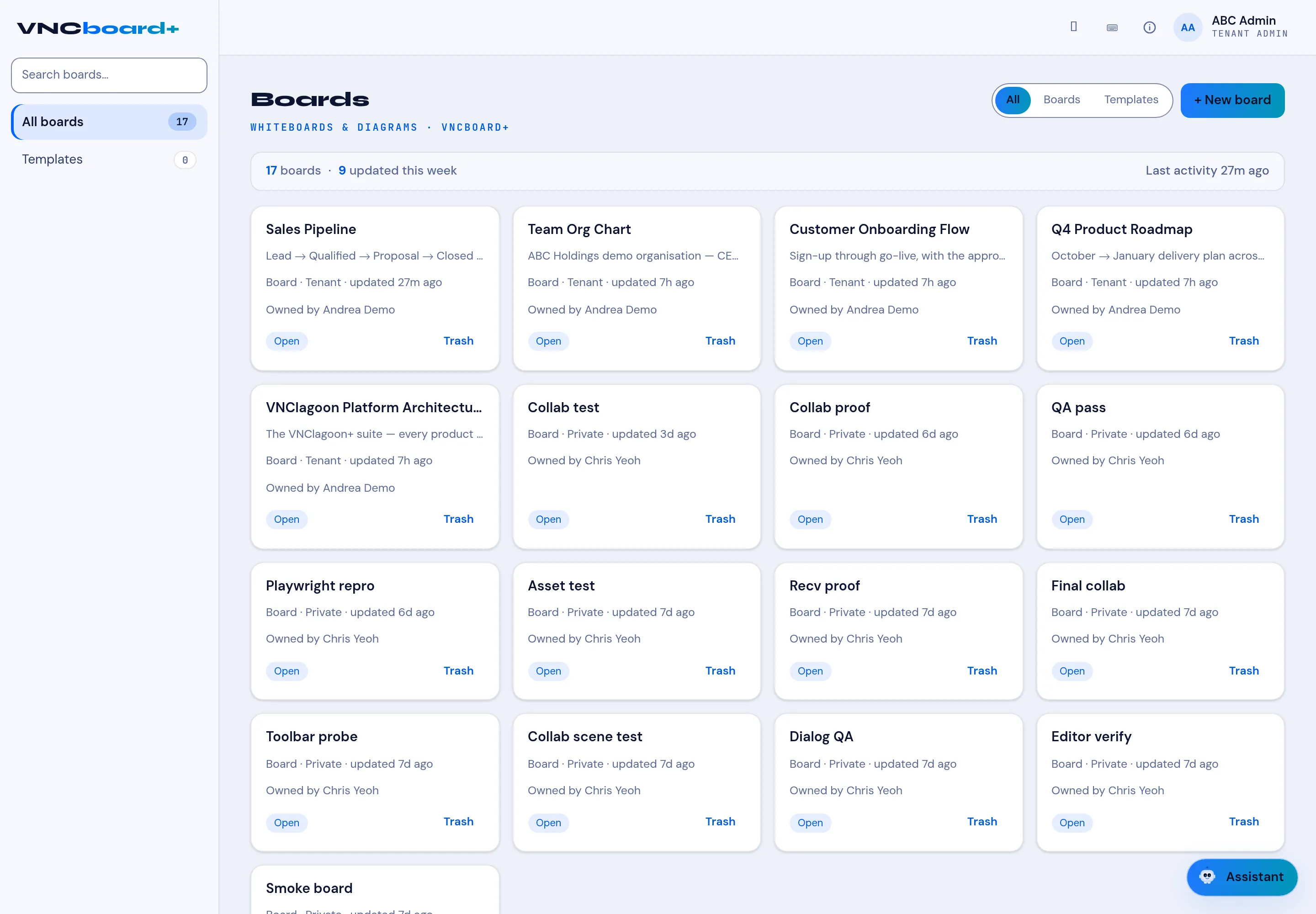 The Boards list with a search, filters and board cards