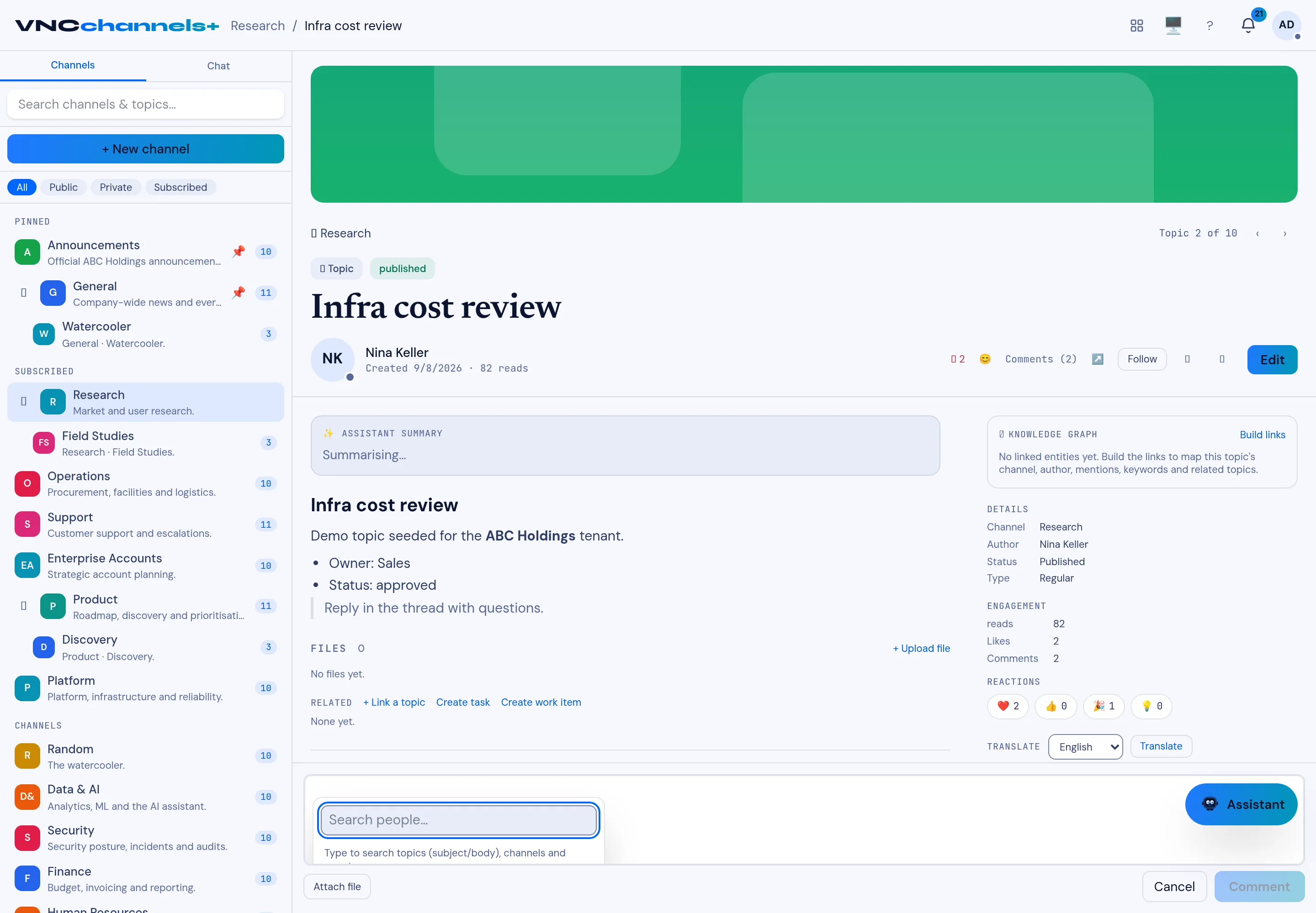 The people picker opened from the comment composer