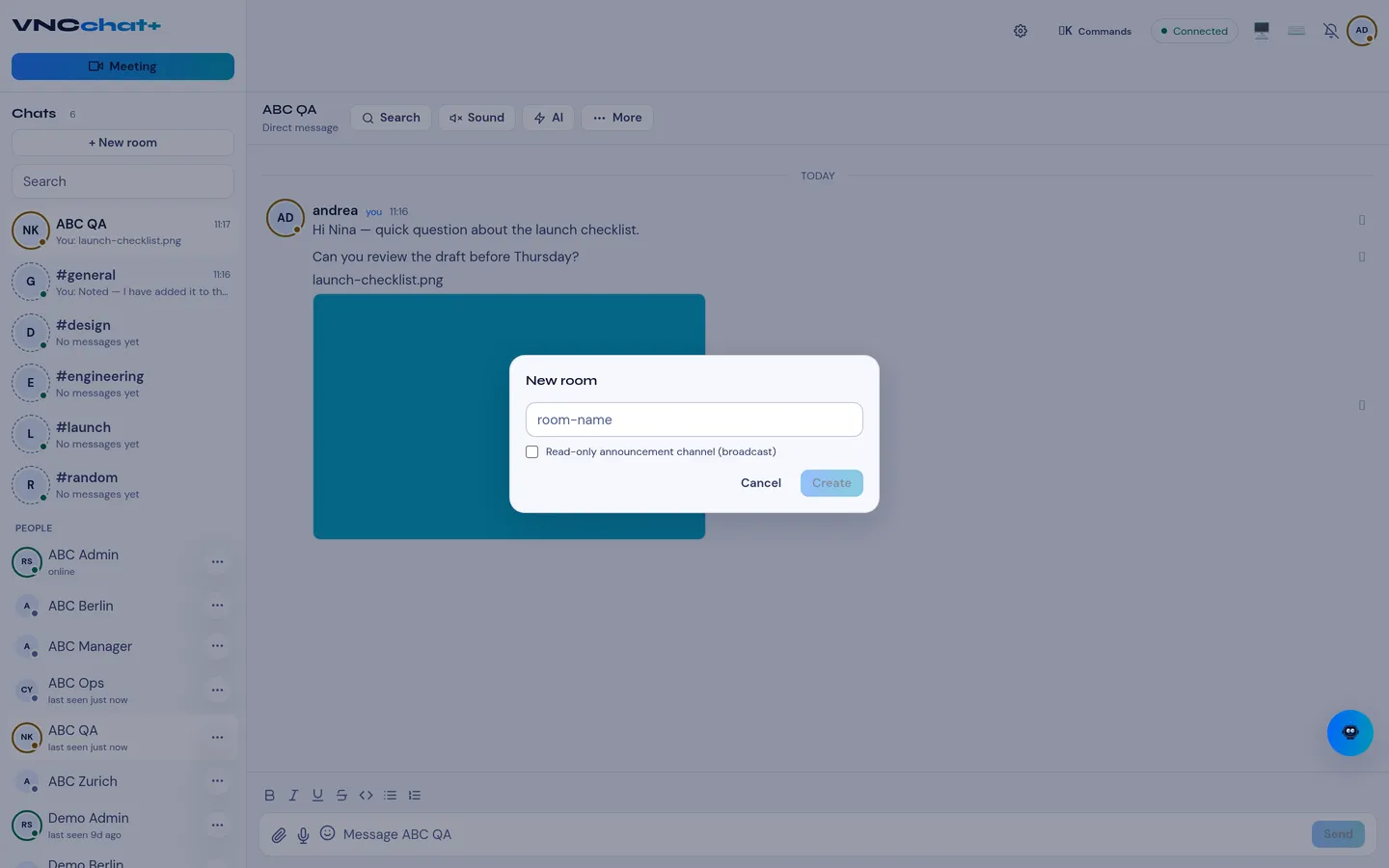The Create room dialog, where you enter the room name
