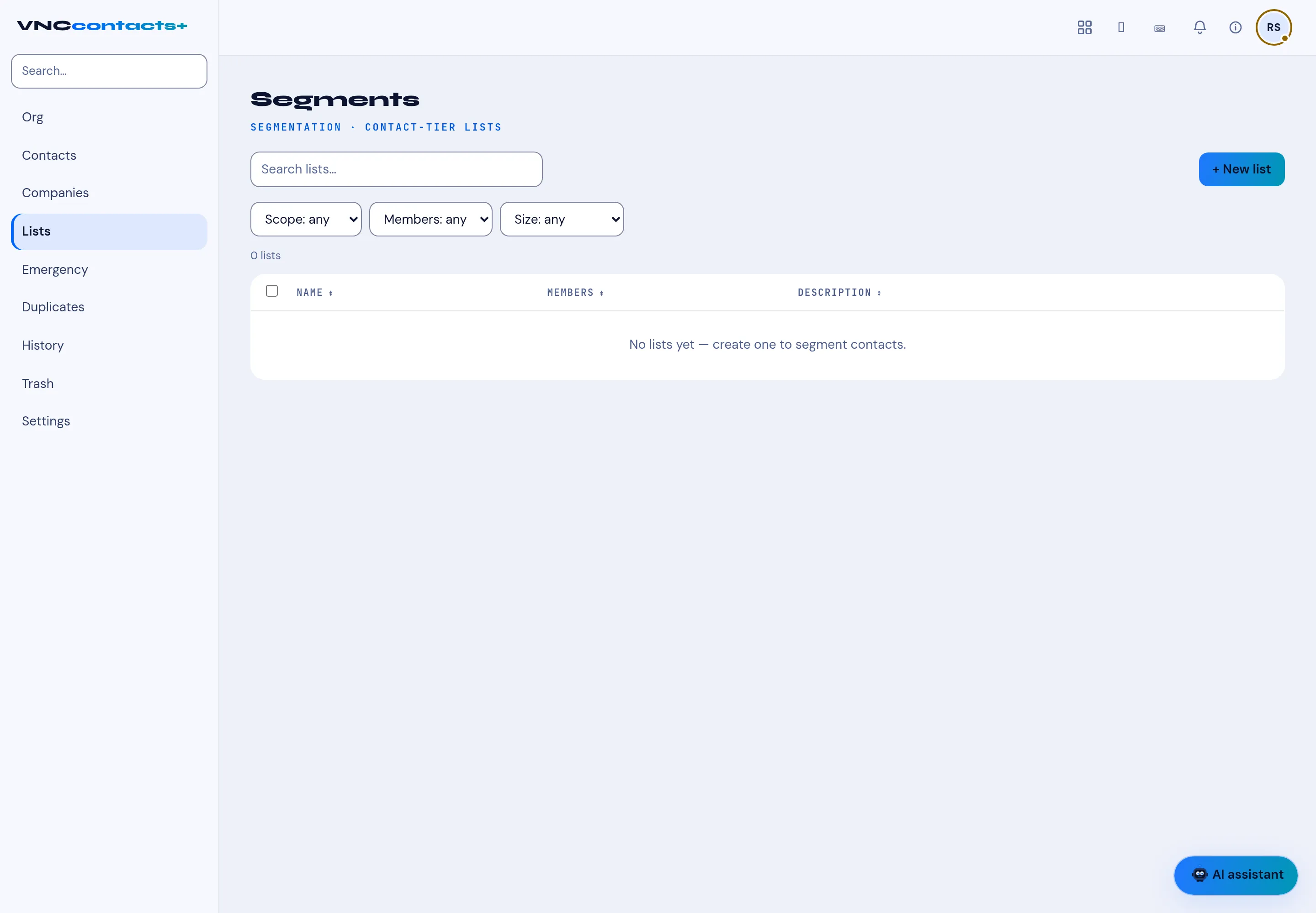 The Lists view with its filters and the New list action