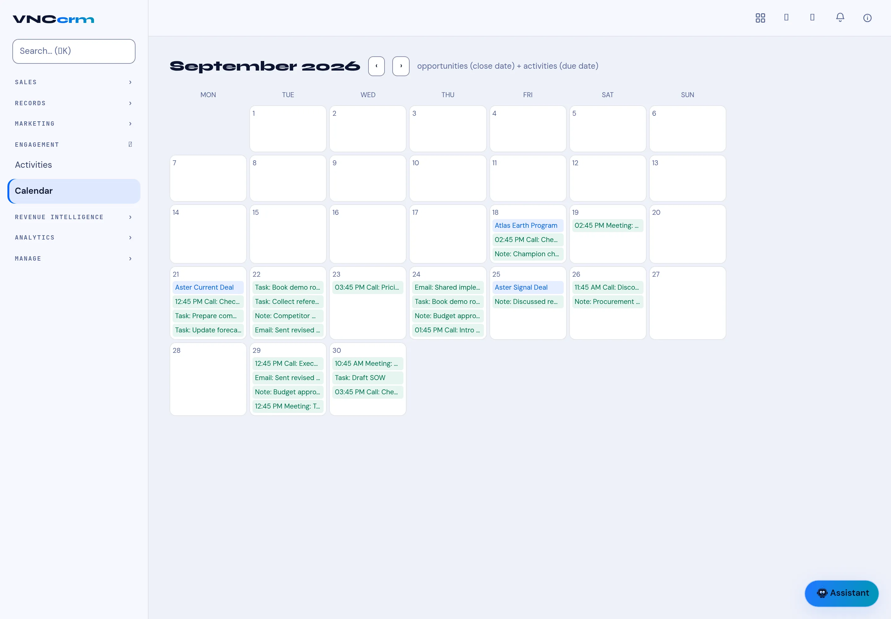 The CRM calendar with opportunities (close date) and activities (due date)