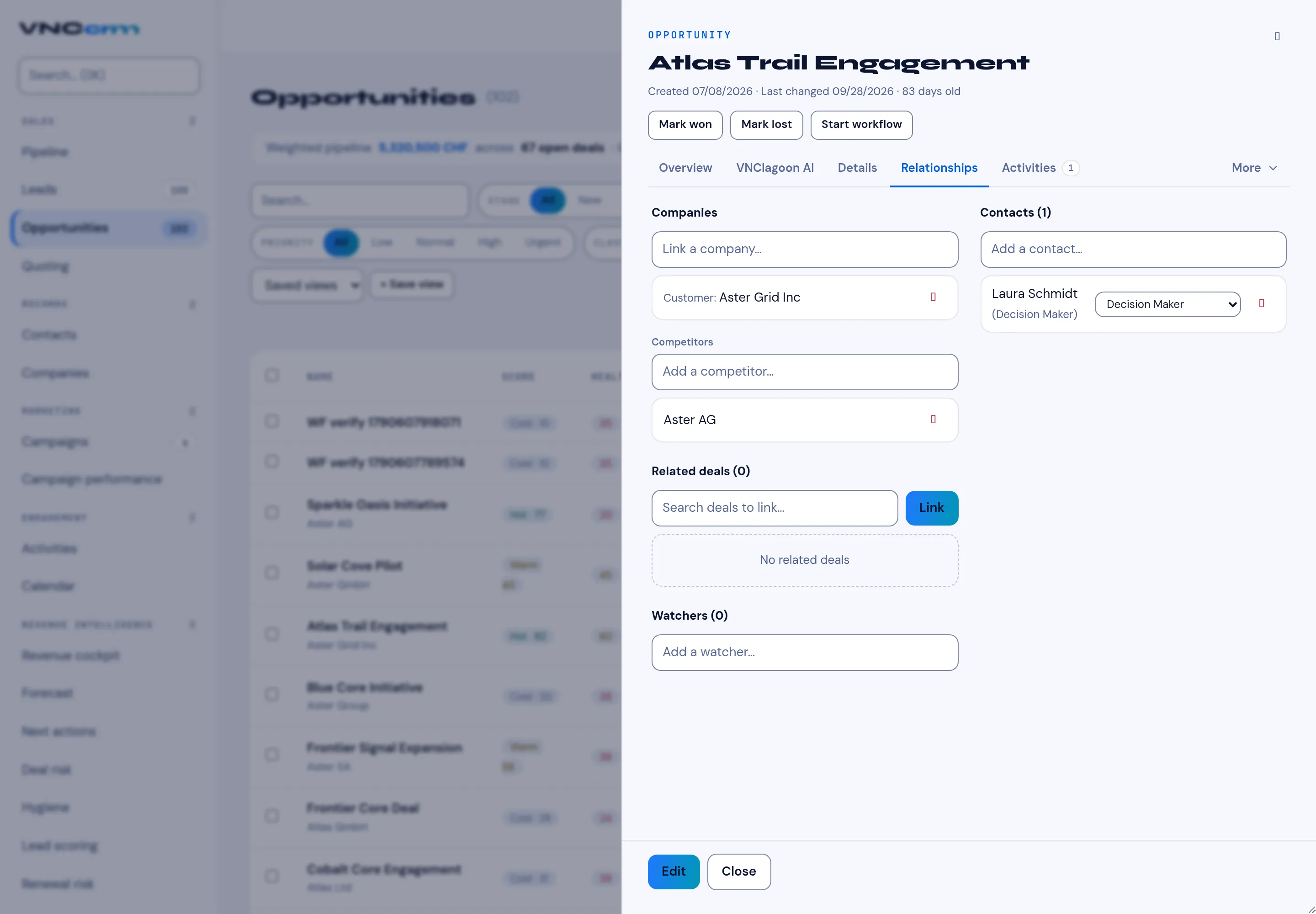 The Relationships tab with companies, competitors, related deals and watchers