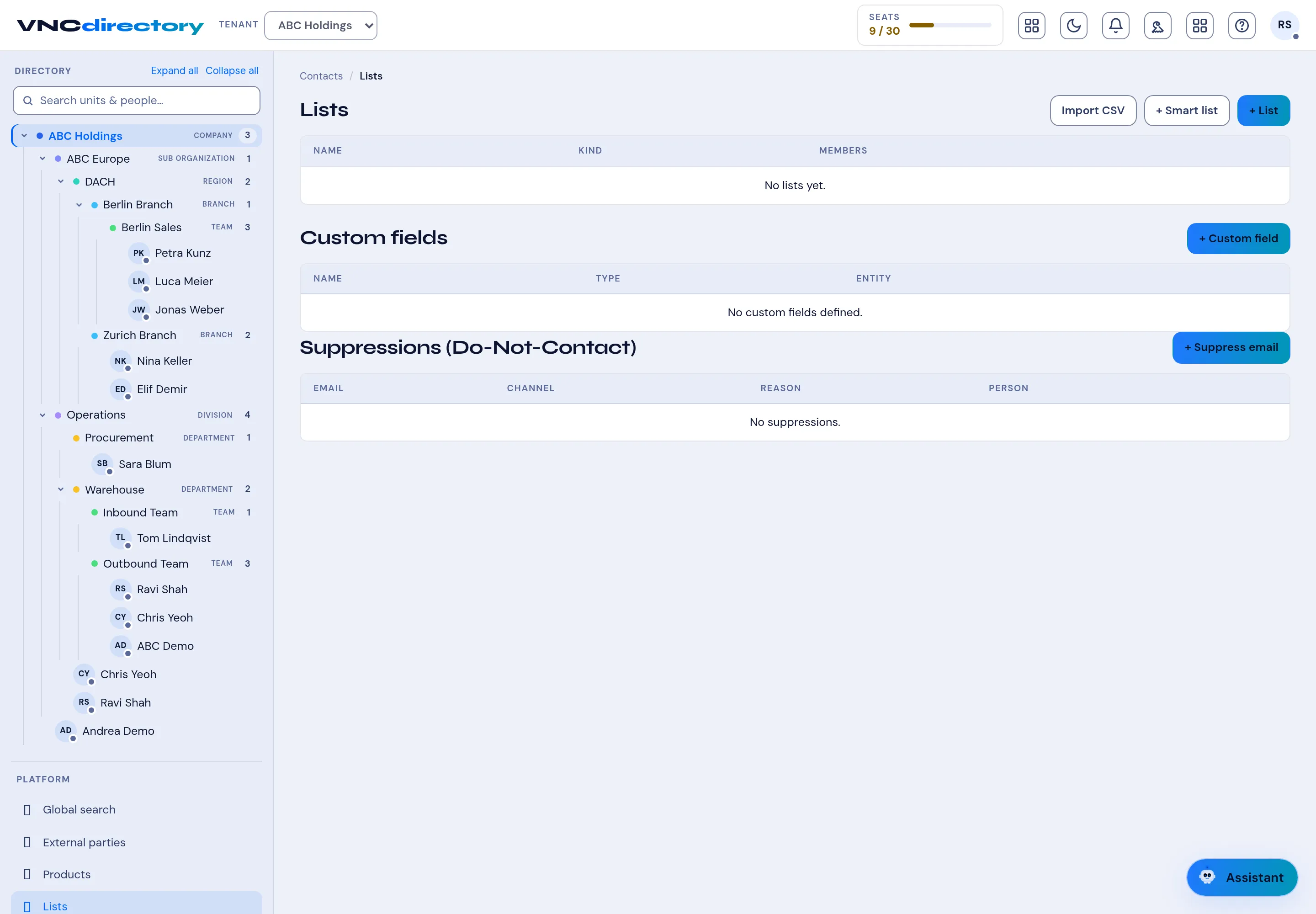 The Lists page with Lists, Custom fields and Suppressions sections