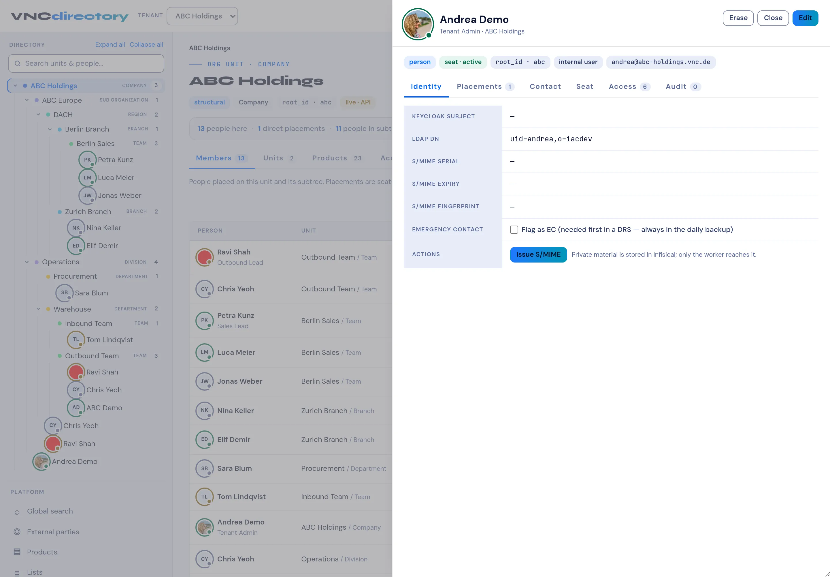 A person’s profile with the Identity tab and S/MIME actions