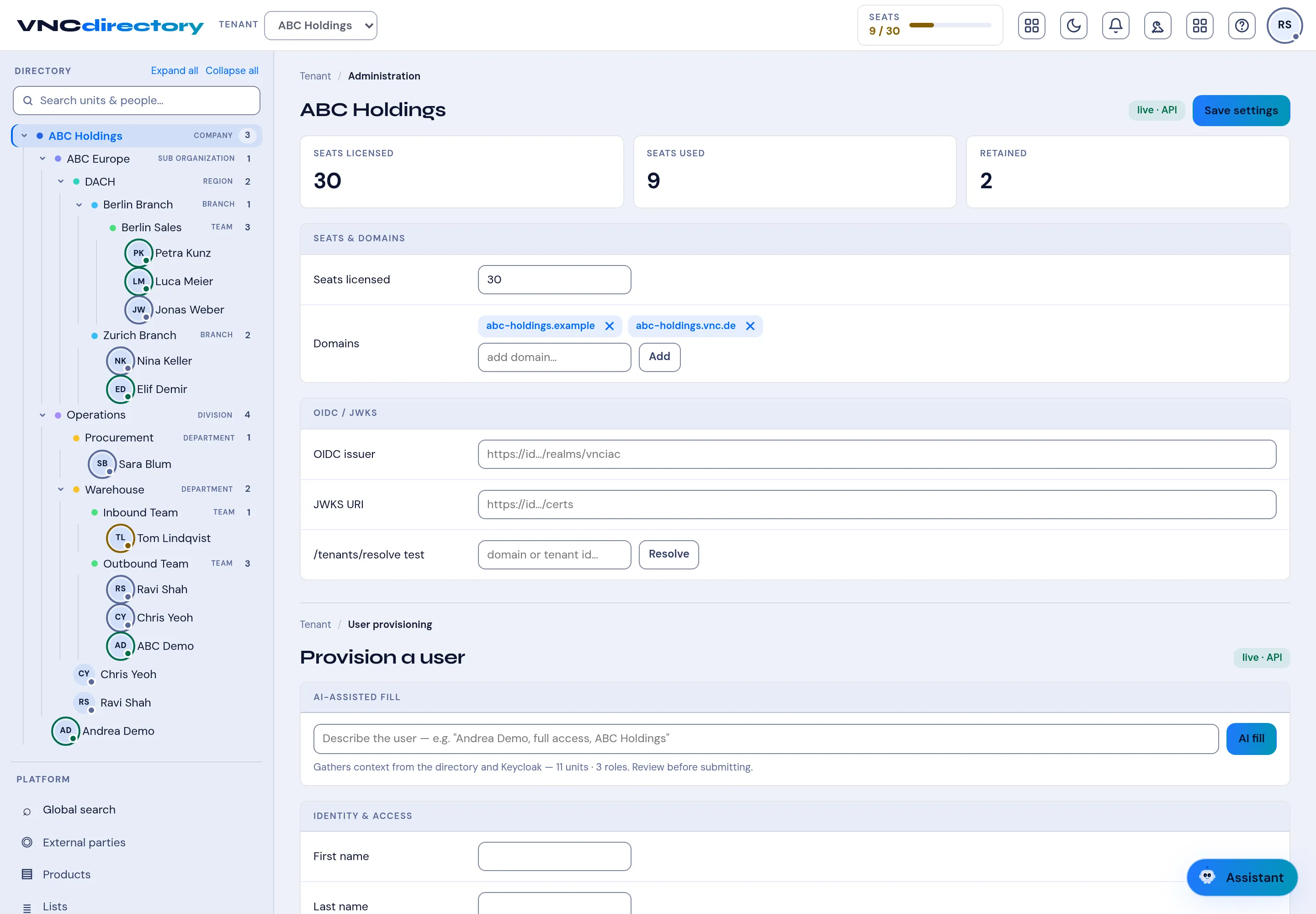 Tenant administration: seats, domains, OIDC/JWKS and user provisioning