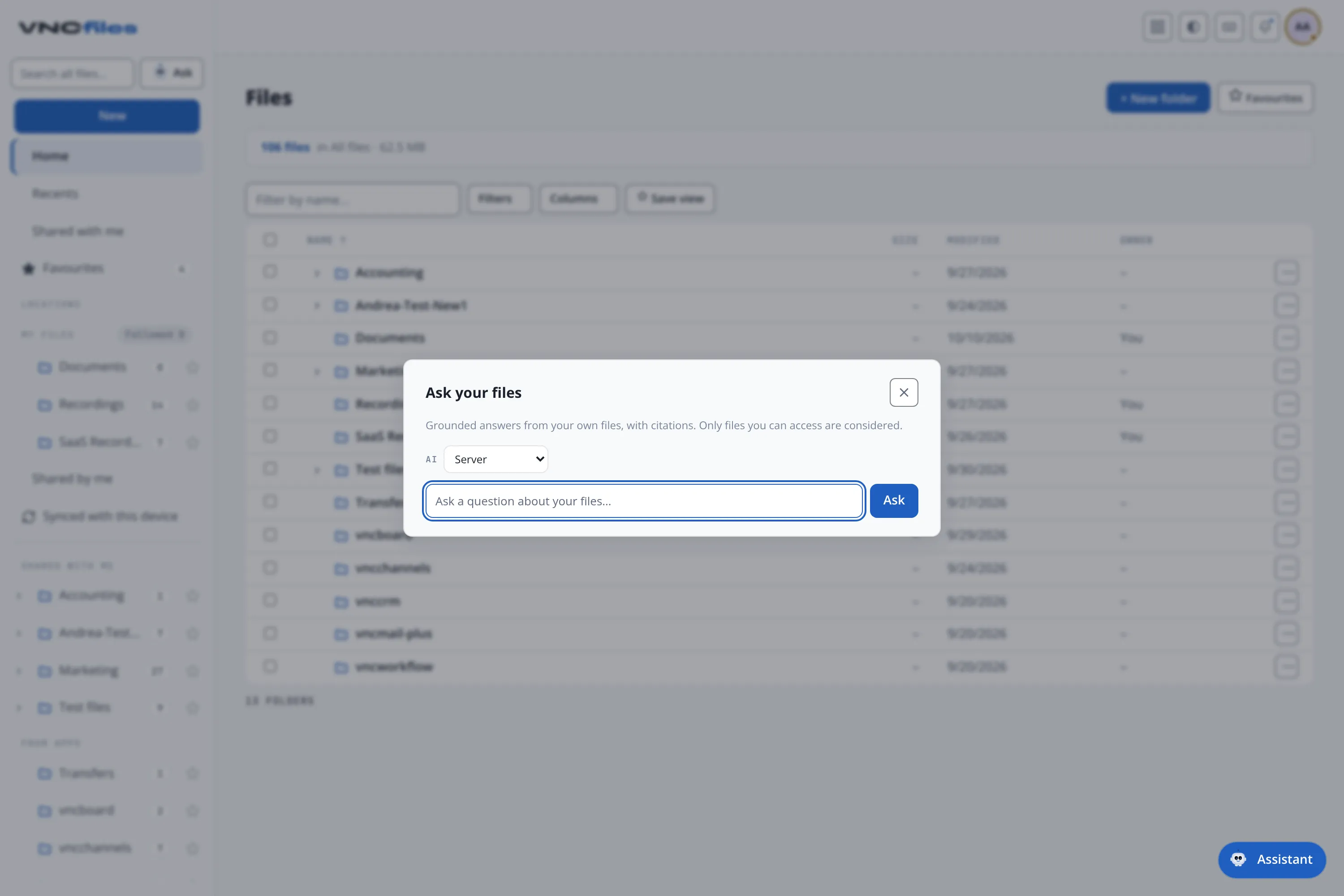 The Ask your files dialog – the question box, the Server / Local provider selector, and an answer with its cited source
