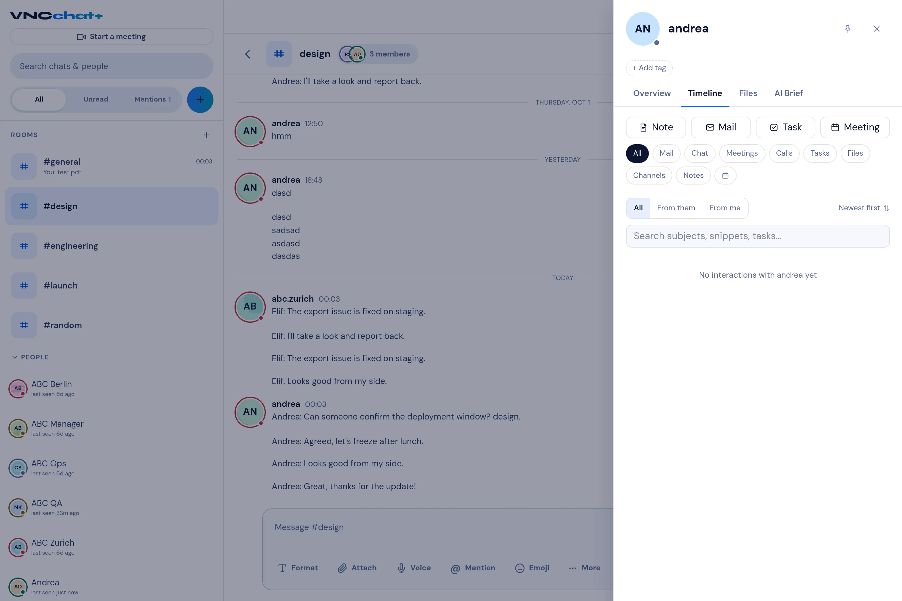 The Timeline tab of a person’s profile — quick actions, type chips, a direction filter and search