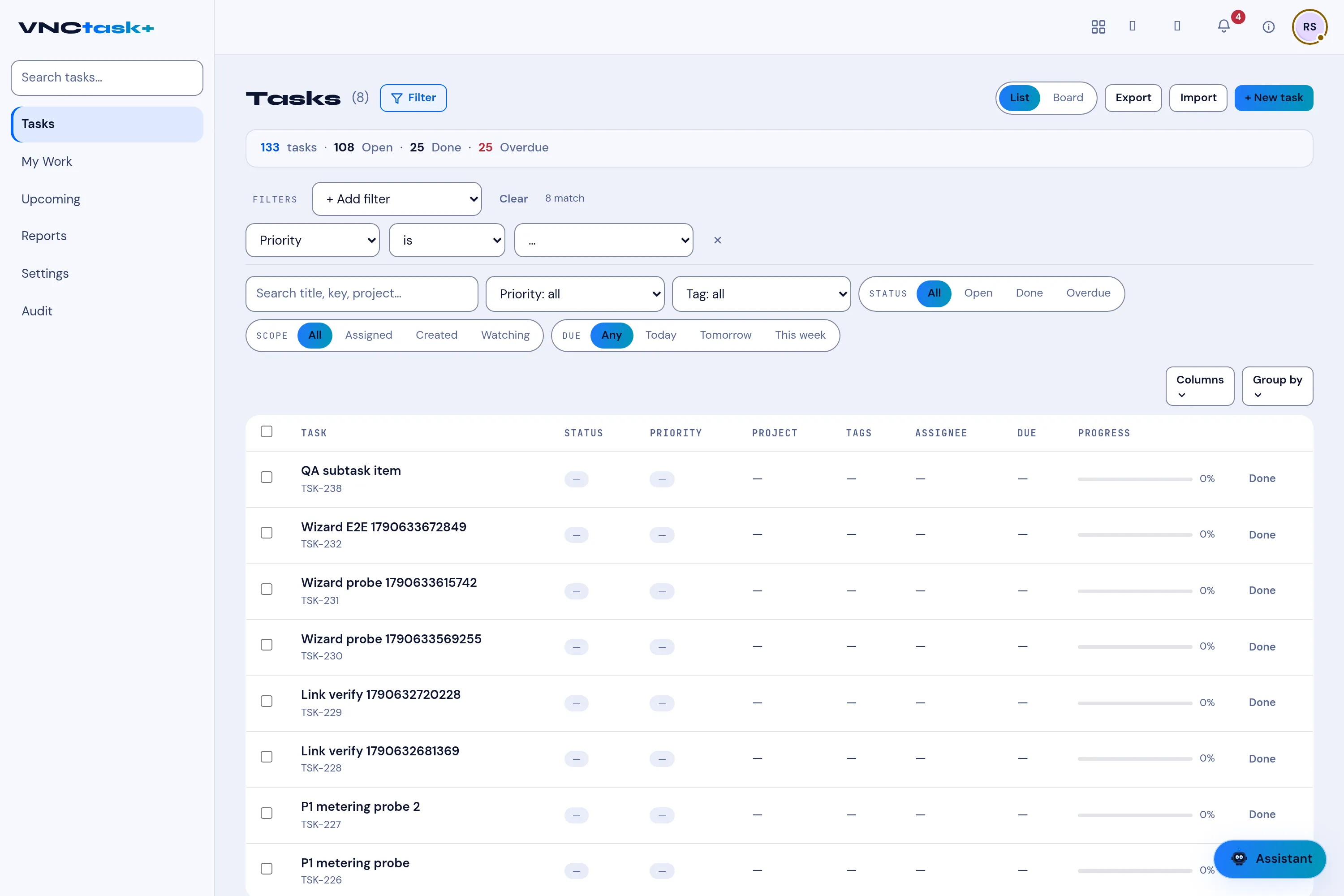 The Filters builder with a Priority rule, the quick filters below, and Columns and Group by on the right